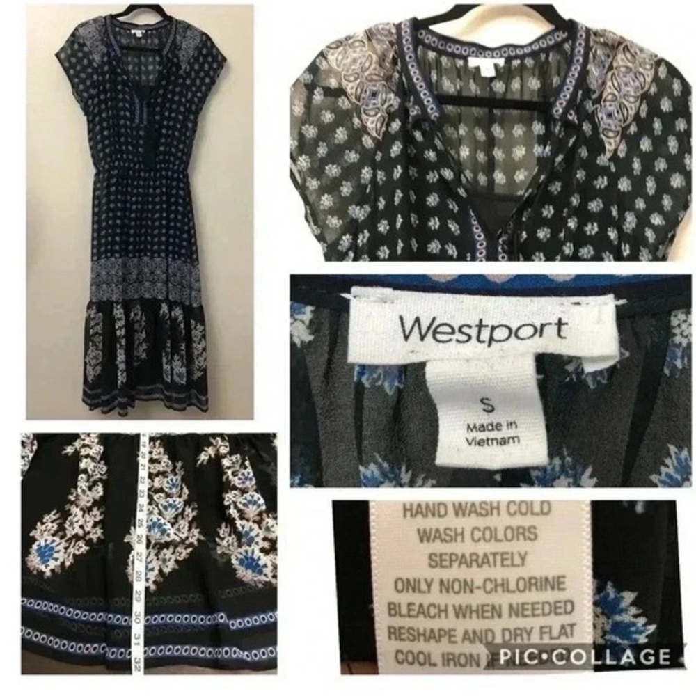 Westport Black Floral Boho Midi Dress Short Sleeve Tassel Tiered Small
